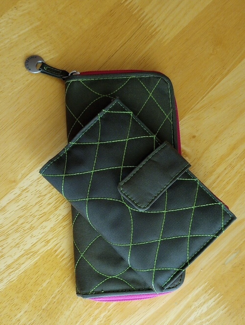 Two Wallet Set - Quilted Dark Taupe with Fuscia Linings and Green Stitching
